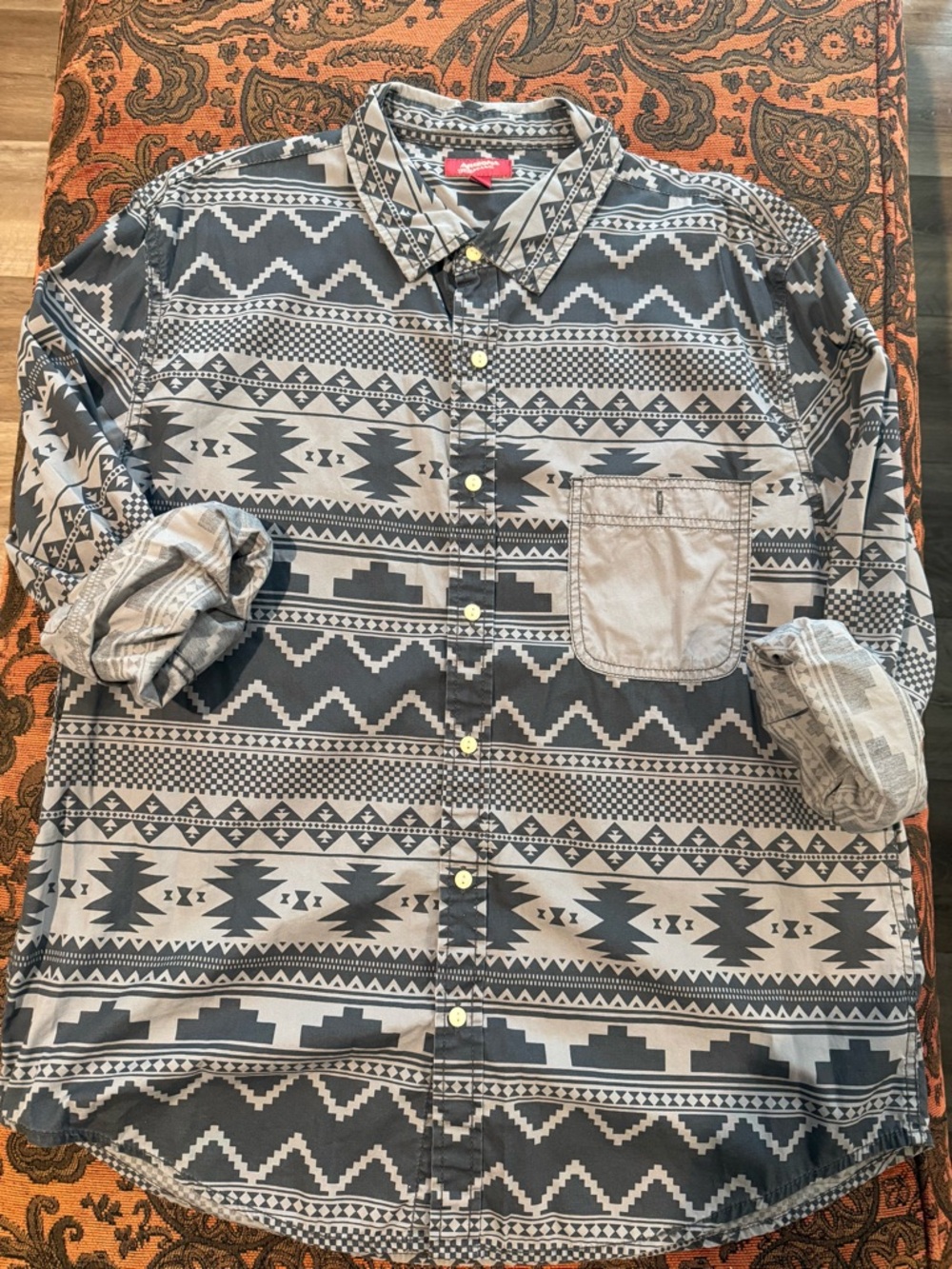 Arizona Jean Company Black and Grey Tribal Print Button-Up Shirt